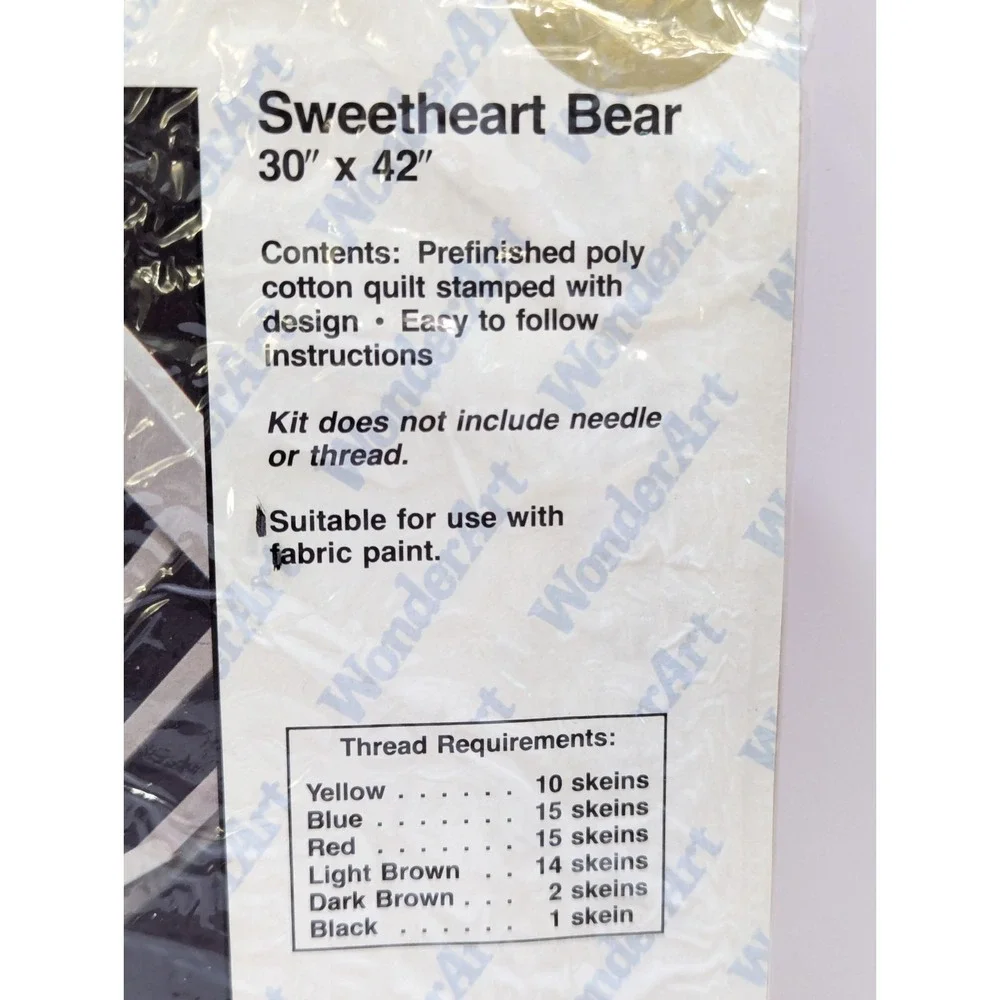 Vtg Stamped Embroidery Kit Wonder Art Pre-quilted Quilt Bear Hearts 30
